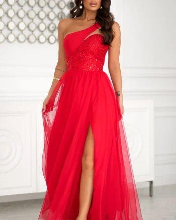 Rochie eleganta lunga rosie cu tulle si paiete Louanna