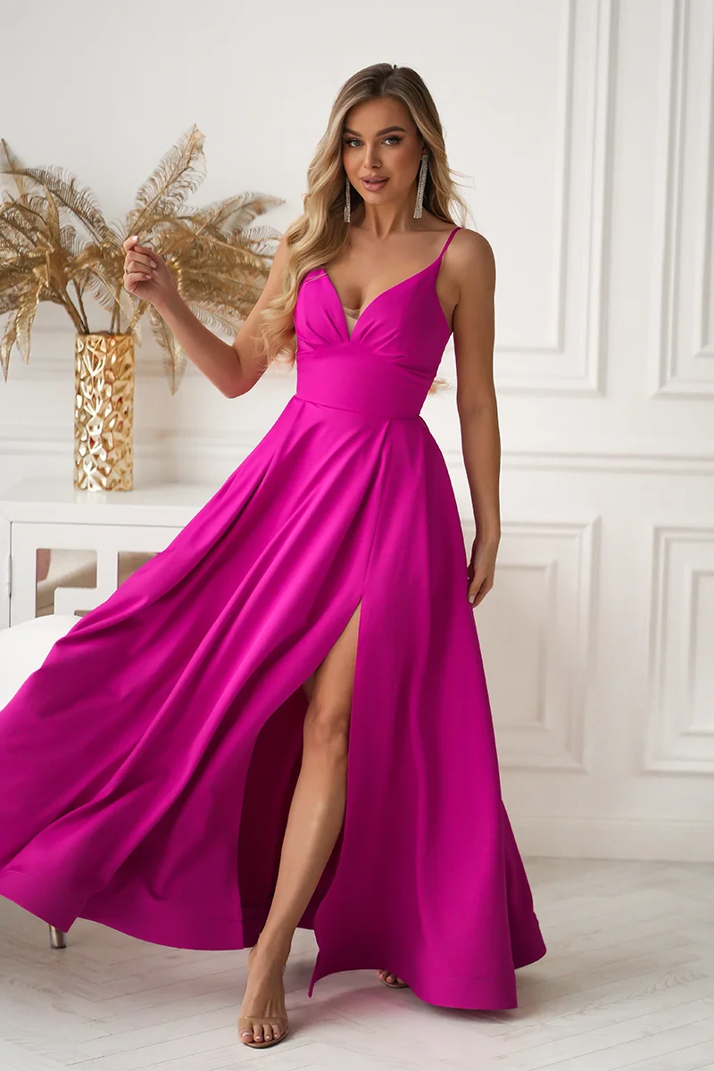 Rochie eleganta lunga roz fucsia cu bust tip corset vaporoasa Jasmine
