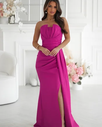 Rochie eleganta lunga roz fucsia cu glitter mulata cu umeri goi Luxurious