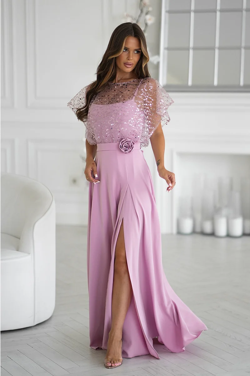 Rochie eleganta lunga roz pudra cu paiete pe bust vaporoasa Azaliya