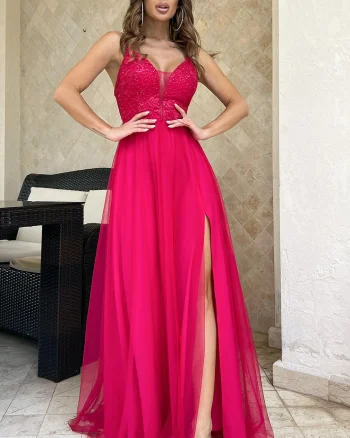 Rochie eleganta lunga roz zmeura din tulle si dantela vaporoasa Isadora