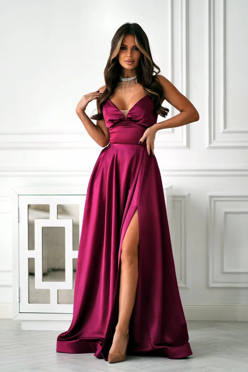 Rochie eleganta lunga satin burgundy cu bust tip corset Saphira