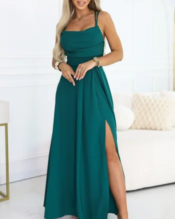 Rochie eleganta lunga verde cu bust tip corset vaporoasa Precious