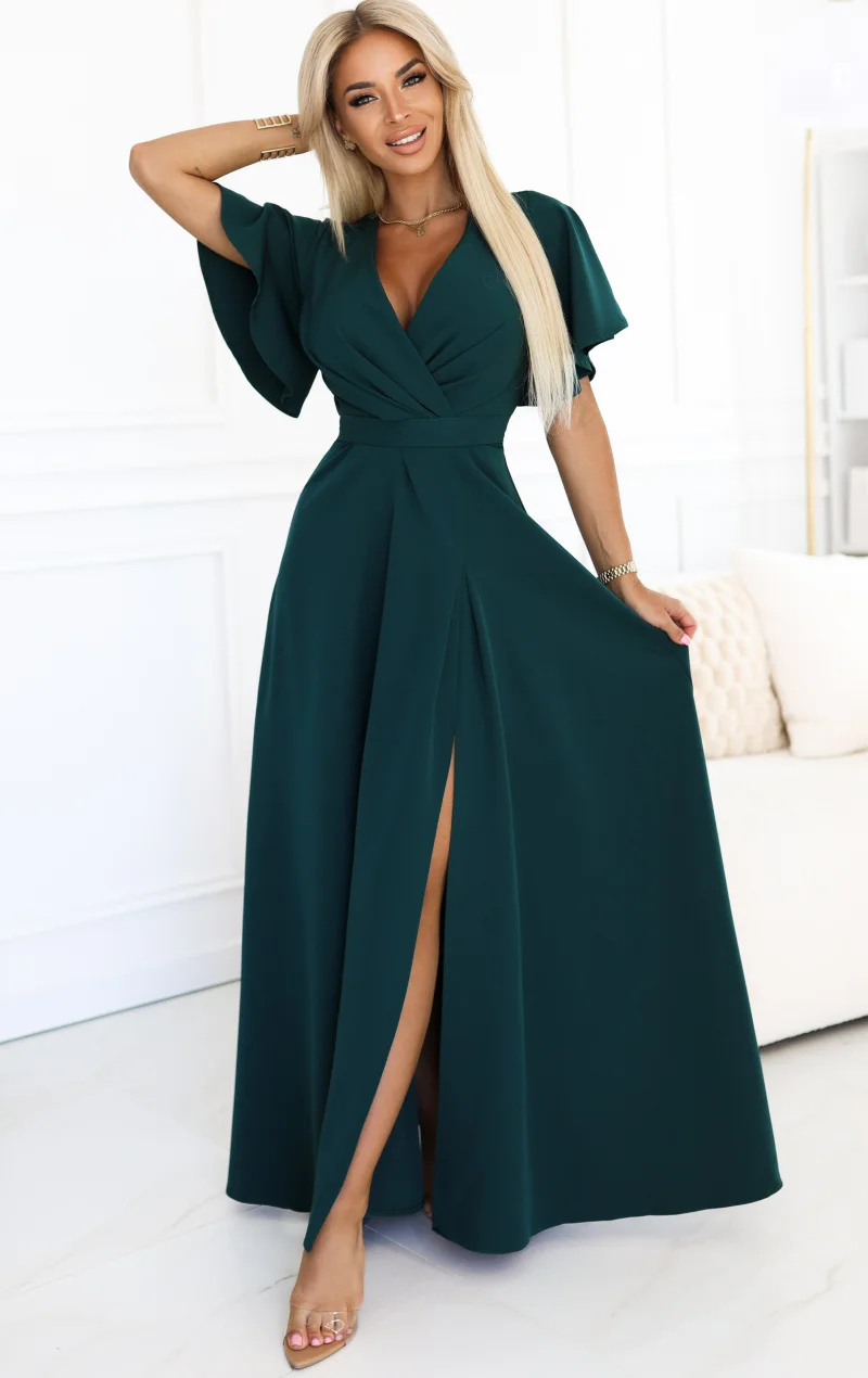 Rochie eleganta lunga verde smarald vaporoasa petrecuta Kasandra