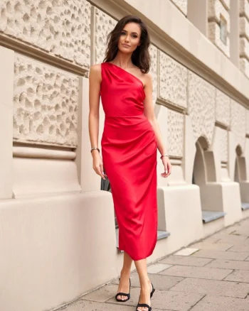 Rochie eleganta lunga, din satin, rosie, mulata, cu un umar gol, Lamia