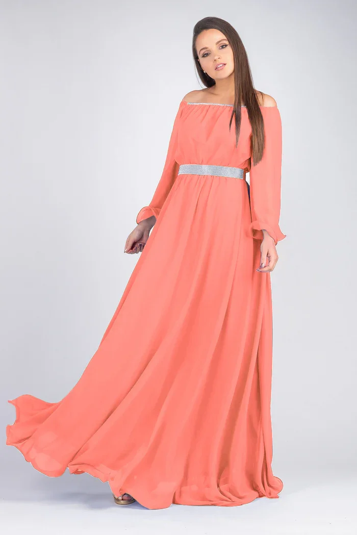 Rochie eleganta lunga, din voal roz somon, vaporoasa, Cinderella