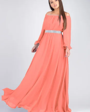 Rochie eleganta lunga, din voal roz somon, vaporoasa, Cinderella