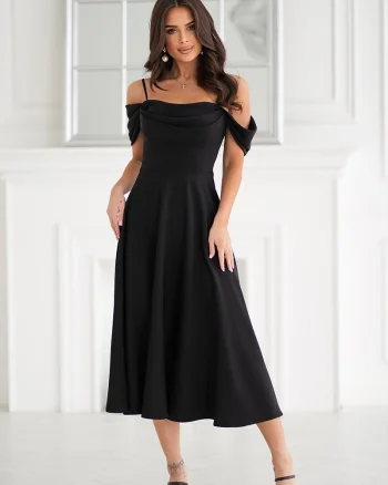 Rochie eleganta midi neagra baby doll cu umerii goi evazata Anelisa
