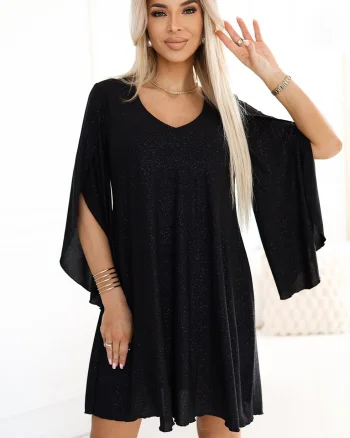 Rochie eleganta midi neagra cu glitter si maneca lunga A-line LiviaN