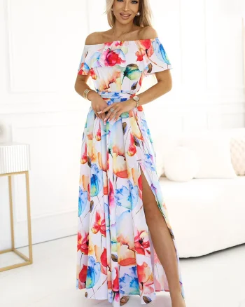 Rochie lunga alba cu flori multicolore vaporoasa cu umerii goi si volane Georgia