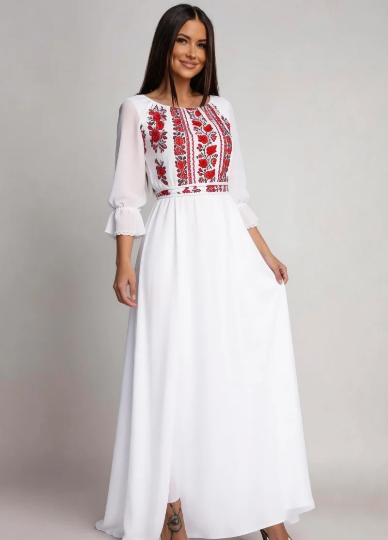 Rochie lunga alba din voal cu motive traditionale Saray