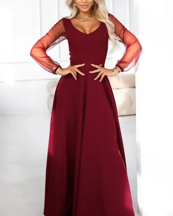 Rochie lunga clasica burgundy cu maneca lunga vaporoasa Lorretta