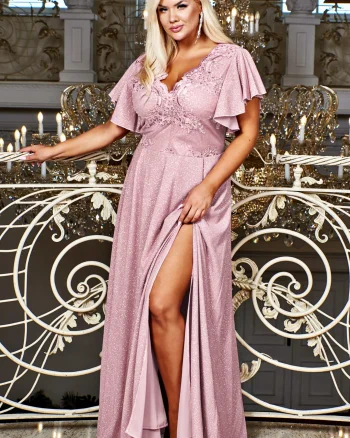 Rochie lunga de cununie roz pudra din dantela si brocard Magnifique