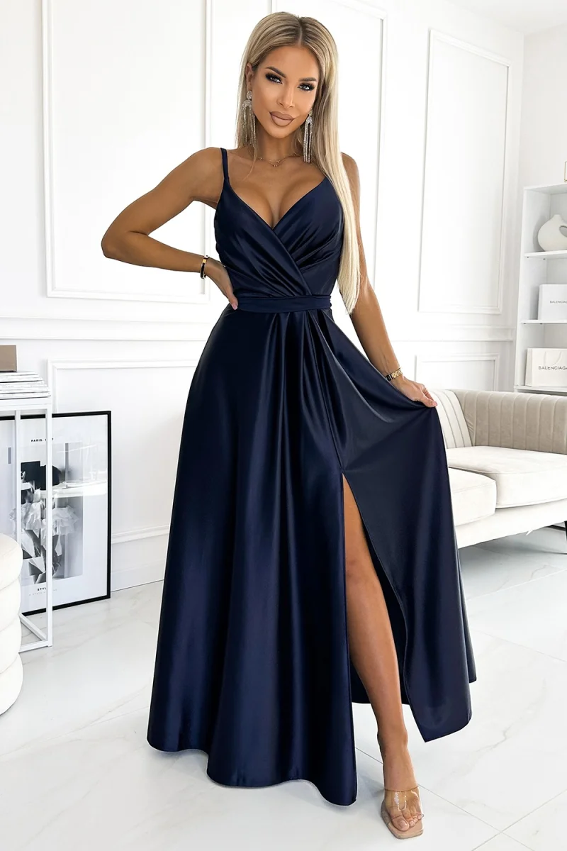 Rochie lunga din satin bleumarin Juliett