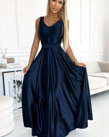 Rochie lunga din satin bleumarin navy Cindy