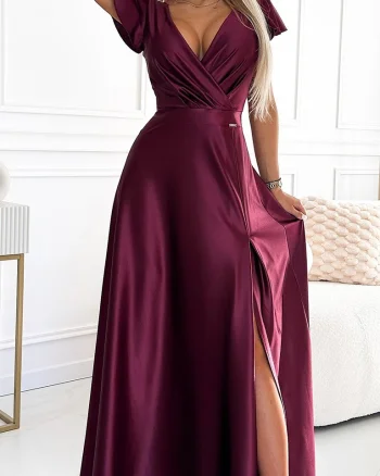 Rochie lunga din satin burgundy Cristaliza