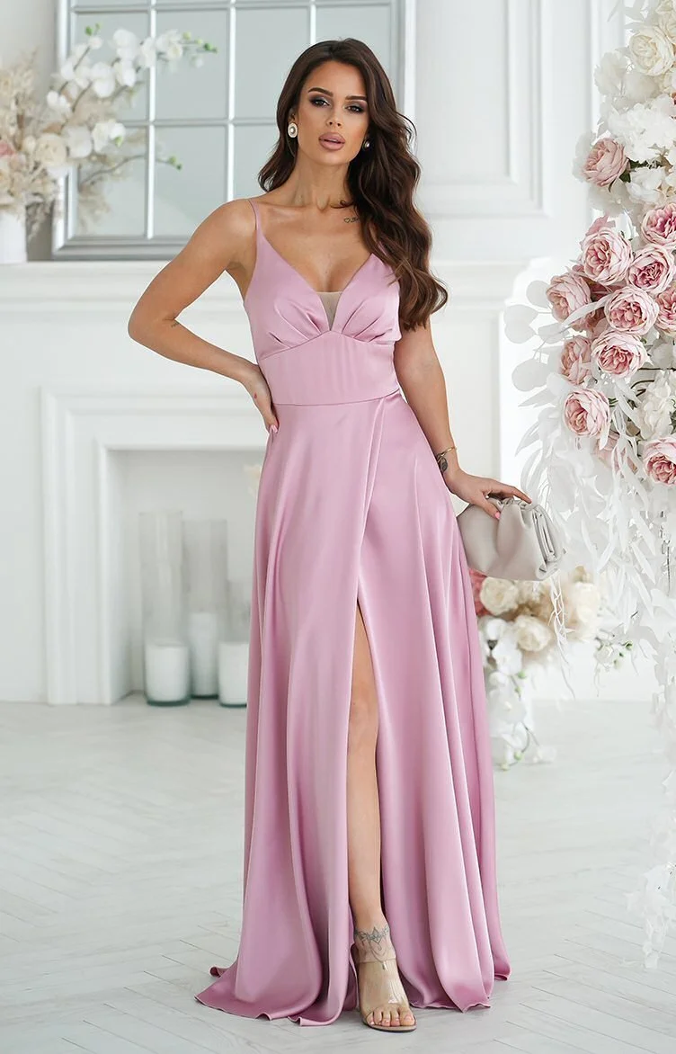 Rochie lunga din satin roz pudrat Aleeza