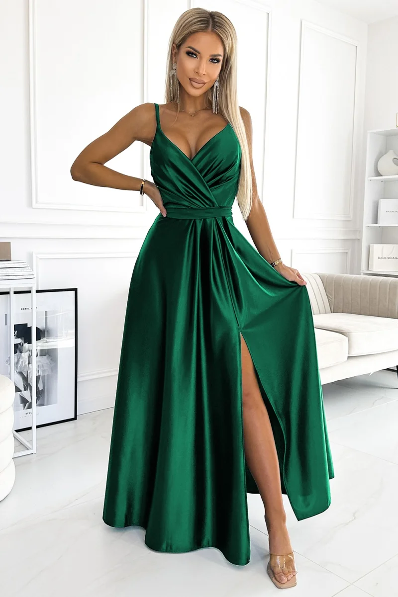 Rochie lunga din satin verde smarald Juliett