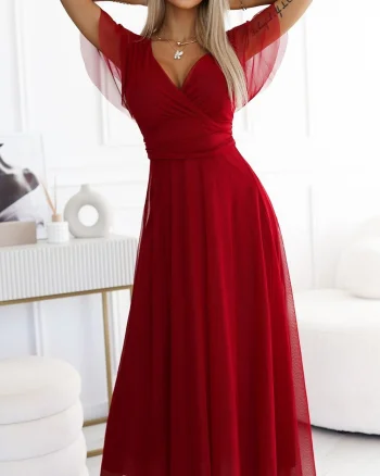 Rochie lunga din tulle burgundy petrecuta cu maneca scurta vaporoasa NastiaN