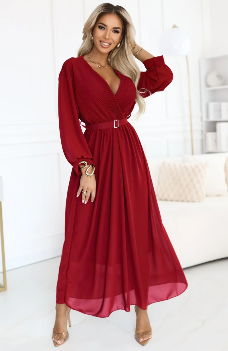 Rochie lunga din vascoza burgundy cu maneca lunga vaporoasa Avani