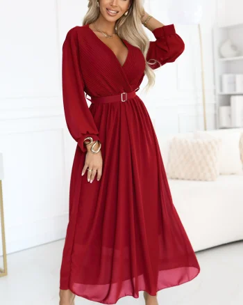 Rochie lunga din vascoza burgundy cu maneca lunga vaporoasa Avani