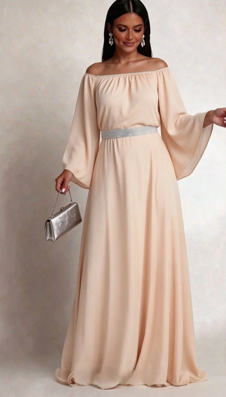 Rochie lunga din voal bej vaporoasa Cinderella