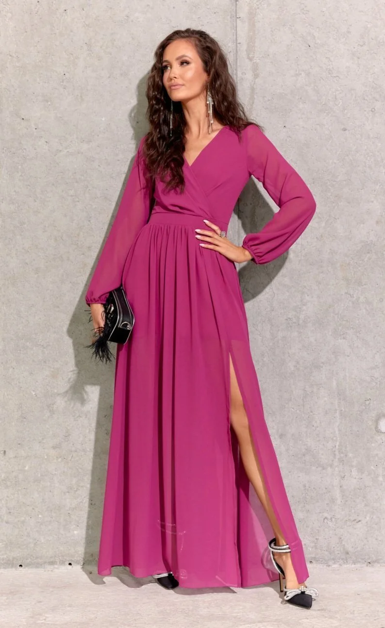 Rochie lunga din voal chiffon roz fucsia vaporoasa cu maneca lunga Stella