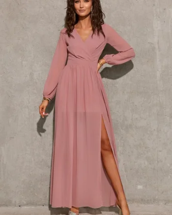Rochie lunga din voal chiffon roz pudra vaporoasa cu maneca lunga Stella