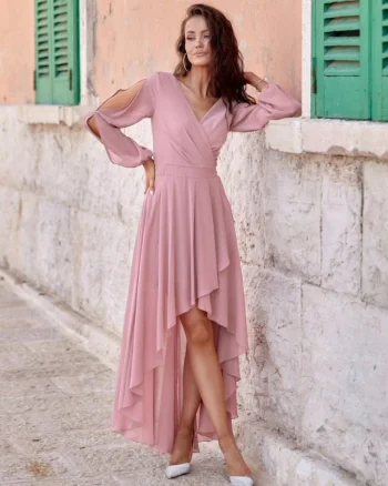 Rochie lunga din voal roz prafuit vaporoasa cu maneca lunga Jessica