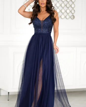 Rochie lunga eleganta bleumarin din tulle si dantela vaporoasa Isadora