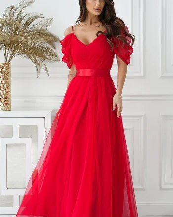 Rochie lunga eleganta rosie din tulle vaporoasa cu umerii goi FloraY