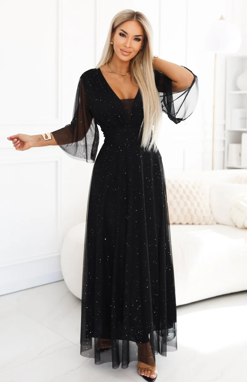 Rochie lunga neagra din brocard cu maneca larga vaporoasa SplendidN
