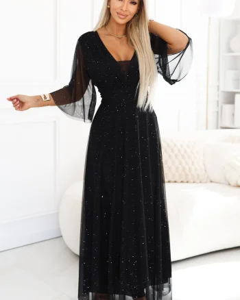 Rochie lunga neagra din brocard cu maneca larga vaporoasa SplendidN