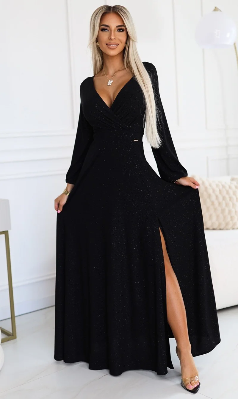 Rochie lunga neagra din brocard cu maneca lunga Roselia