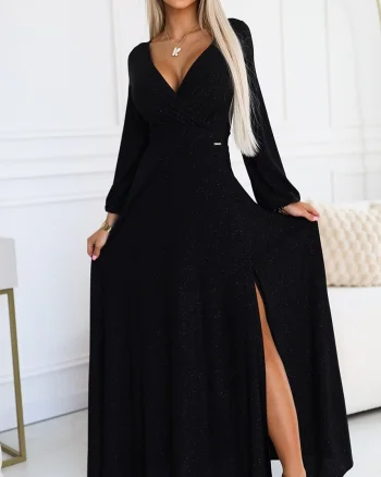 Rochie lunga neagra din brocard cu maneca lunga Roselia