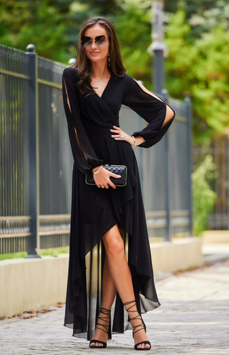 Rochie lunga neagra din voal cu maneca lunga vaporoasa Jessica