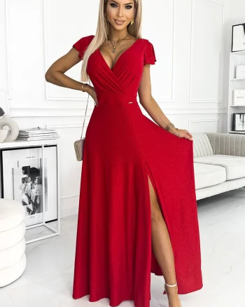 Rochie lunga rosie din glittter petrecuta crapata pe picior Cristaliza
