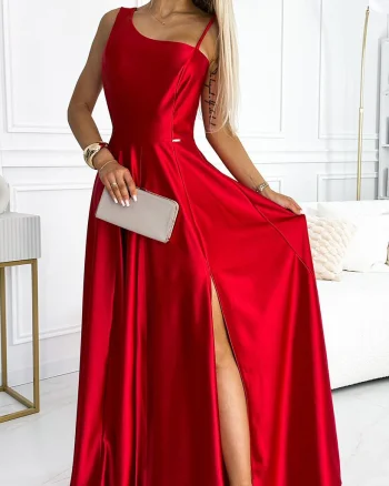 Rochie lunga rosie din satin cu un umar gol Jollie