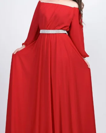 Rochie lunga rosie din voal cu maneca lunga Cinderella