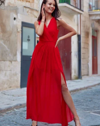 Rochie lunga rosie din voal vaporoasa Yurianne