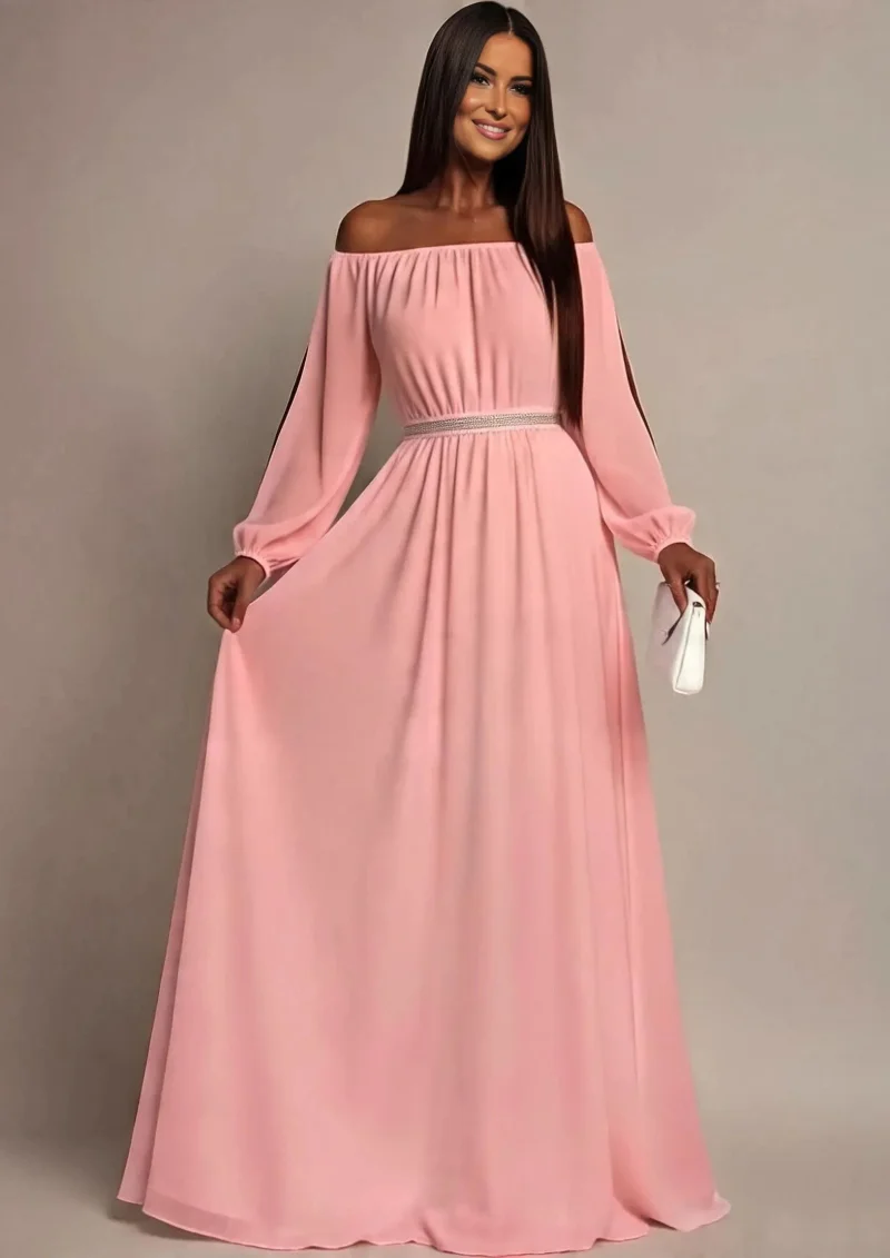 Rochie lunga roz pal din voal vaporoasa Afrodita