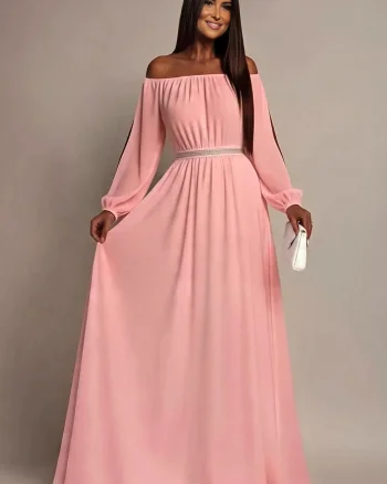 Rochie lunga roz pal din voal vaporoasa Afrodita