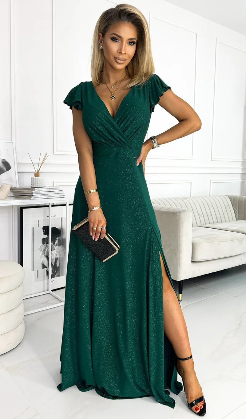 Rochie lunga verde din glitter petrecuta crapata pe picior Cristaliza