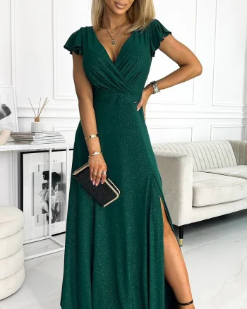 Rochie lunga verde din glitter petrecuta crapata pe picior Cristaliza