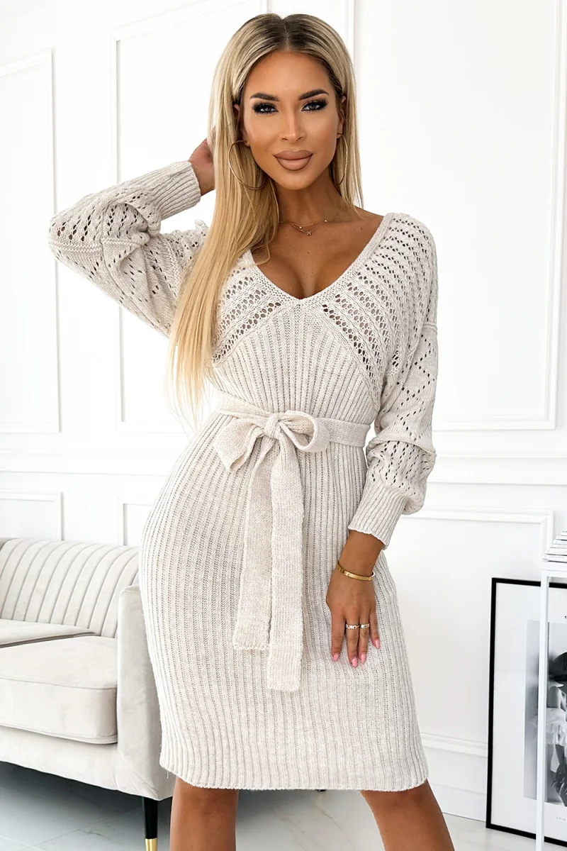 Rochie midi bej mulata tricotata cu maneca lunga Mello