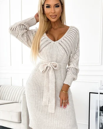 Rochie midi bej mulata tricotata cu maneca lunga Mello