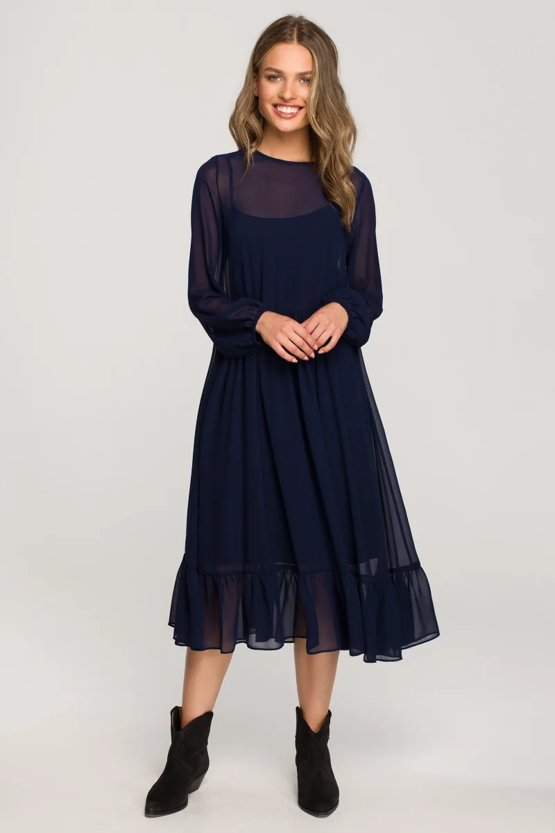 Rochie midi din chiffon bleumarin cu maneca lunga si volan Naira