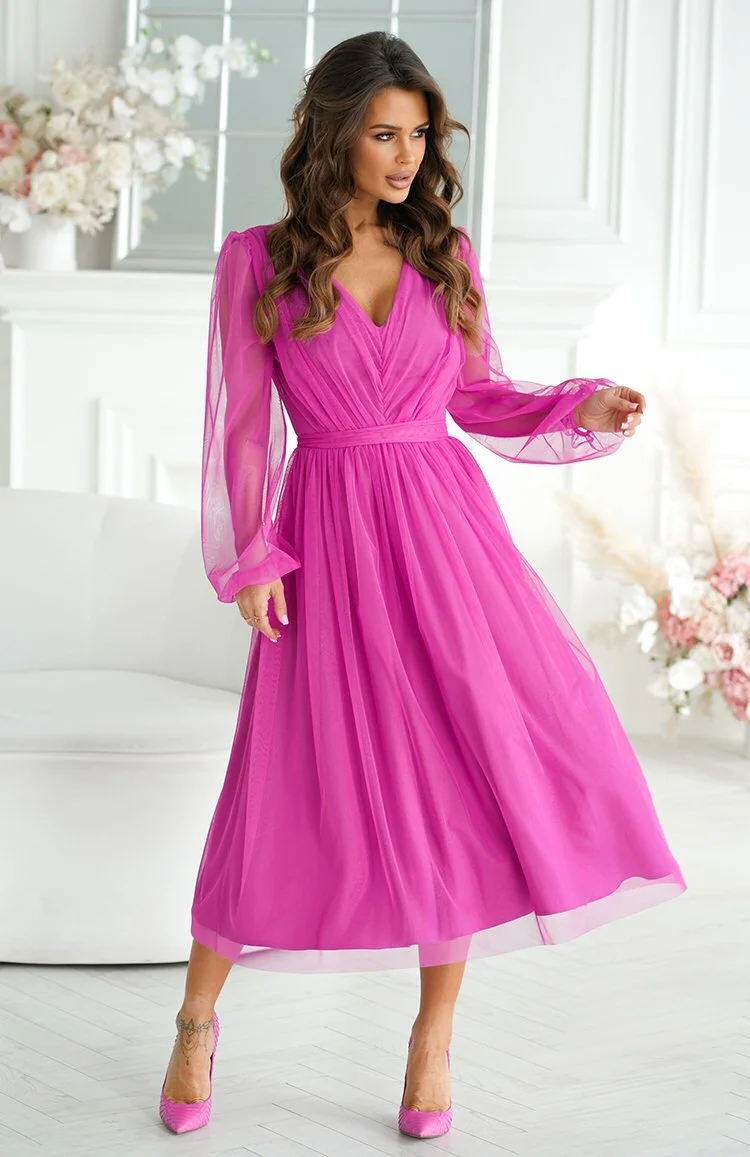 Rochie midi din tul cu glitter bishop evazata cu maneca lunga Petra