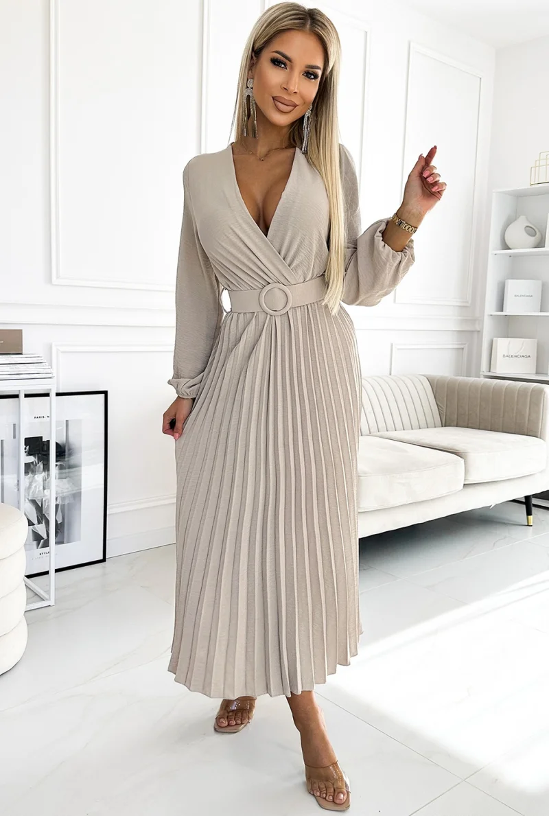 Rochie midi din voal bej plisata cu maneca lunga Viviana