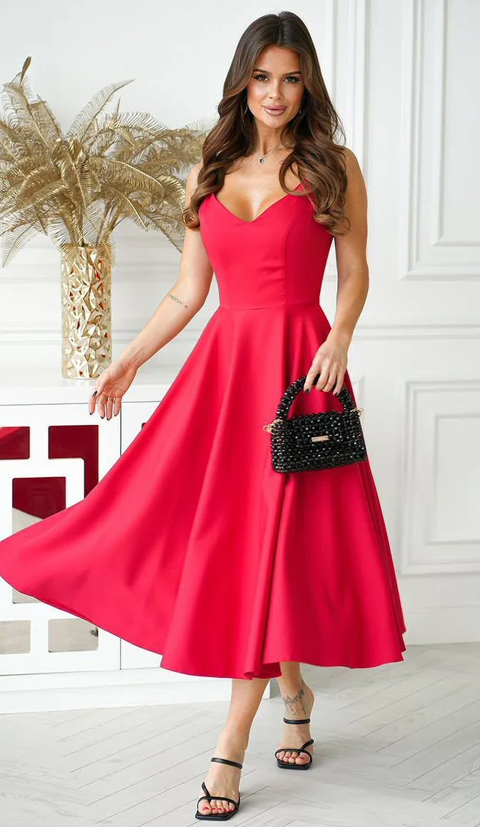 Rochie midi in clos rosie vaporoasa cu umerii goi Fabiola